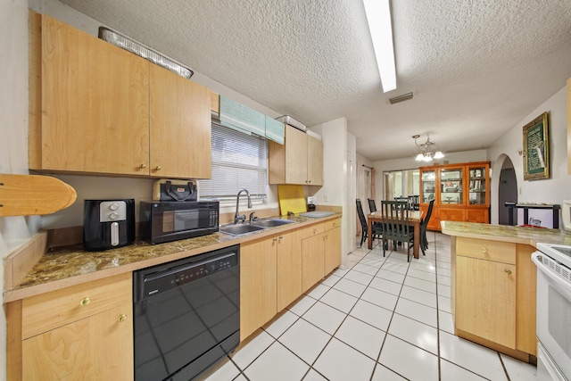 1801 SW Beeker St S, Port Saint Lucie, FL 34953 - kitchen featuring black appliances, a sink, light brown cabinetry, a textured ceiling, and a chandelier