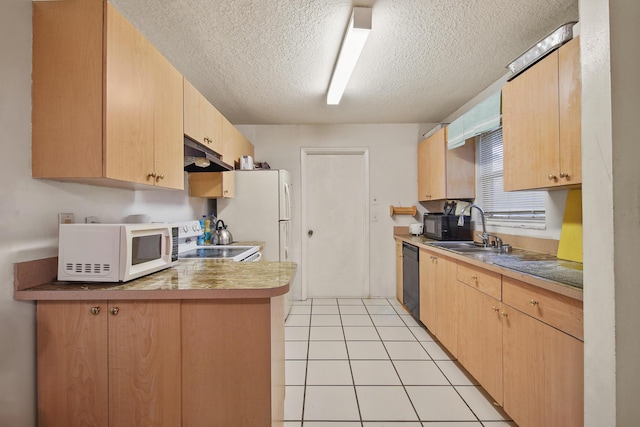 1801 SW Beeker St S, Port Saint Lucie, FL 34953 - kitchen featuring white appliances, under cabinet range hood, a textured ceiling, a sink, and light brown cabinets