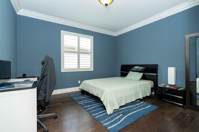 bedroom with dark hardwood / wood-style flooring and ornamental molding