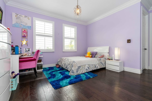 bedroom with dark wood-type flooring and ornamental molding