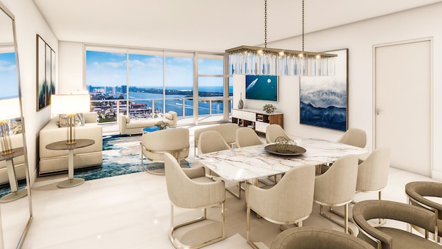 dining area with a wealth of natural light, expansive windows, a water view, and a chandelier