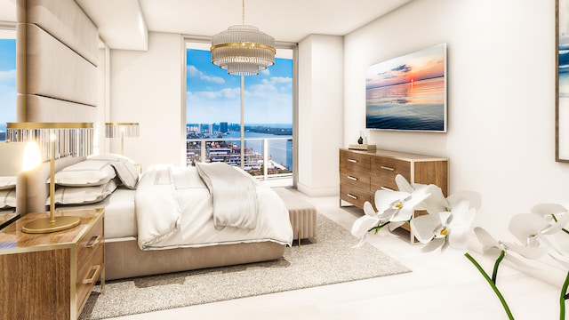 bedroom featuring expansive windows and a water view