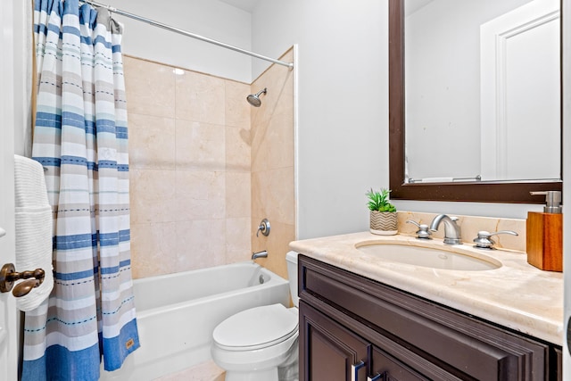 full bathroom with vanity, toilet, and shower / bathtub combination with curtain