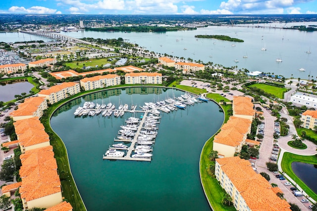 drone / aerial view with a water view