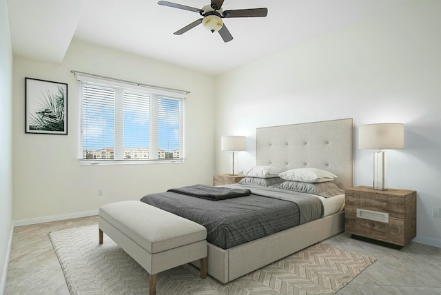 bedroom featuring ceiling fan and light tile patterned flooring