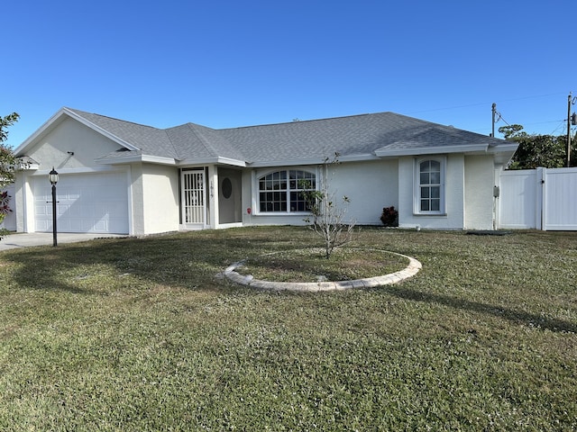 ranch-style home featuring a garage, a gate, fence, and a front lawn