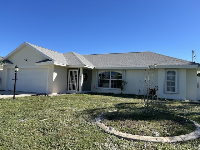 single story home with a shingled roof, concrete driveway, stucco siding, an attached garage, and a front yard