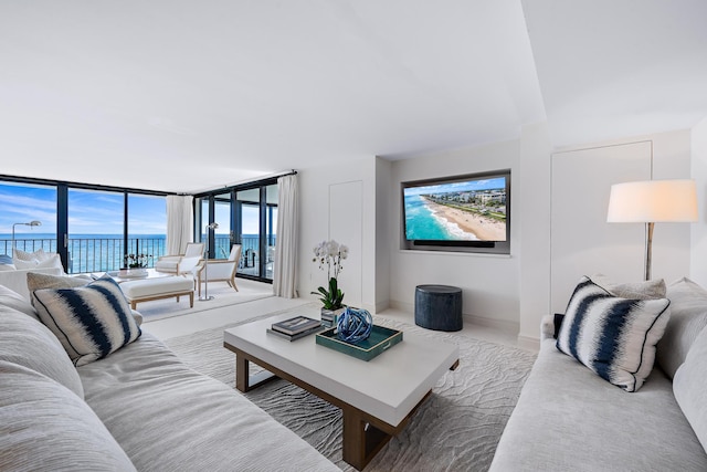 living room with plenty of natural light and a water view