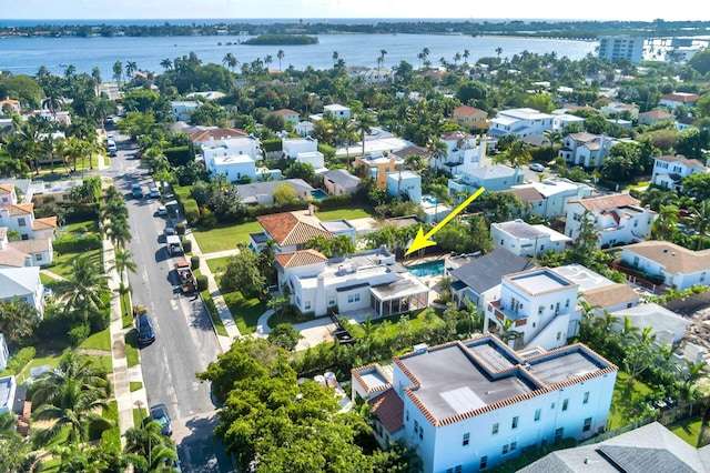 aerial view featuring a water view