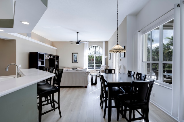 dining space with ceiling fan, sink, and light wood-type flooring