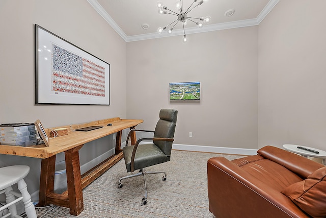 office area with a chandelier and ornamental molding