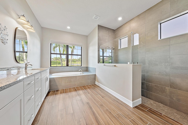 bathroom with shower with separate bathtub and vanity