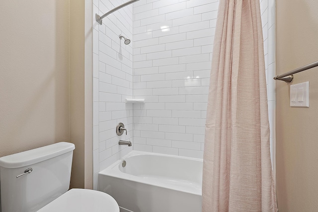 bathroom featuring toilet and shower / bathtub combination with curtain