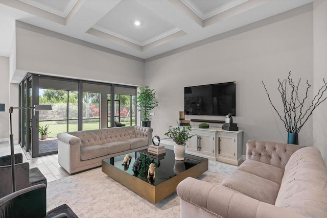 living room featuring beamed ceiling, crown molding, and coffered ceiling