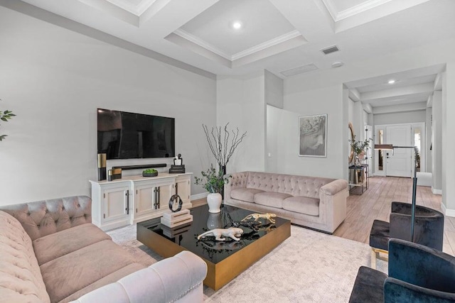 living room with light hardwood / wood-style floors, beam ceiling, and coffered ceiling