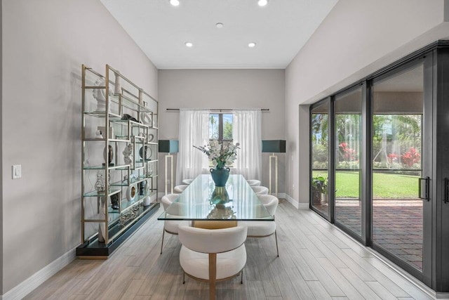 dining area with light hardwood / wood-style floors and a healthy amount of sunlight