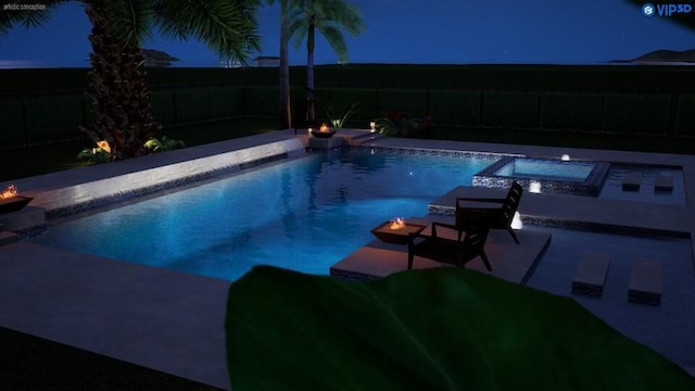 pool at night featuring a patio area and an in ground hot tub