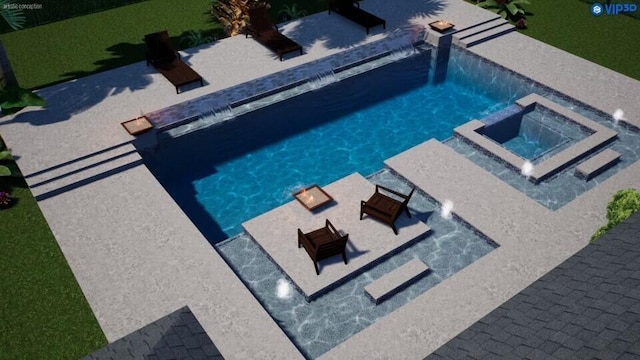 view of swimming pool with an in ground hot tub and pool water feature