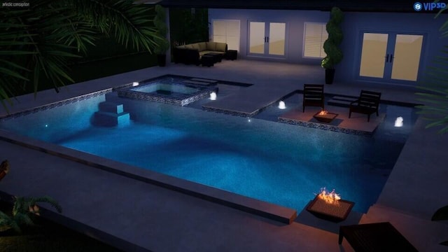 view of swimming pool with a patio, french doors, an outdoor hangout area, and an in ground hot tub