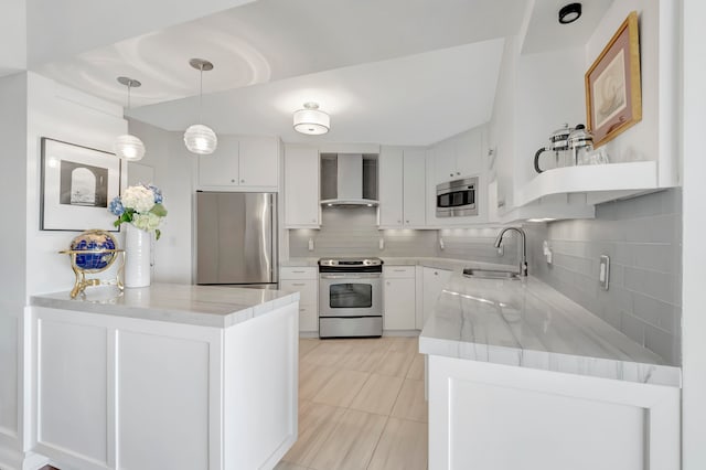 kitchen with white cabinetry, sink, wall chimney exhaust hood, tasteful backsplash, and appliances with stainless steel finishes