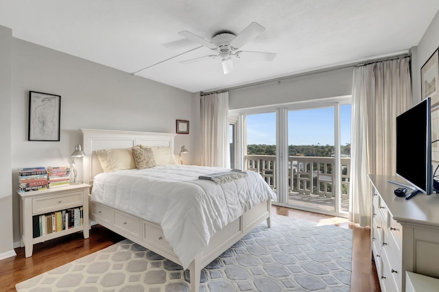 bedroom with access to outside, ceiling fan, and light hardwood / wood-style flooring