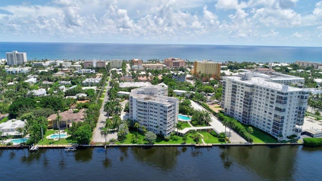 drone / aerial view with a water view