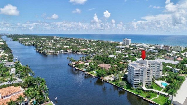 bird's eye view with a water view