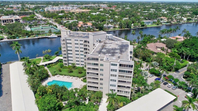 drone / aerial view featuring a water view