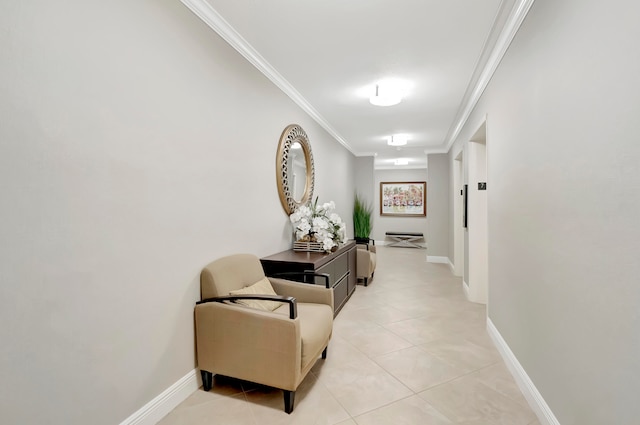 corridor featuring light tile patterned floors and crown molding