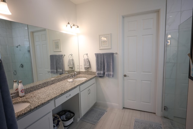 bathroom with vanity and a shower with shower door