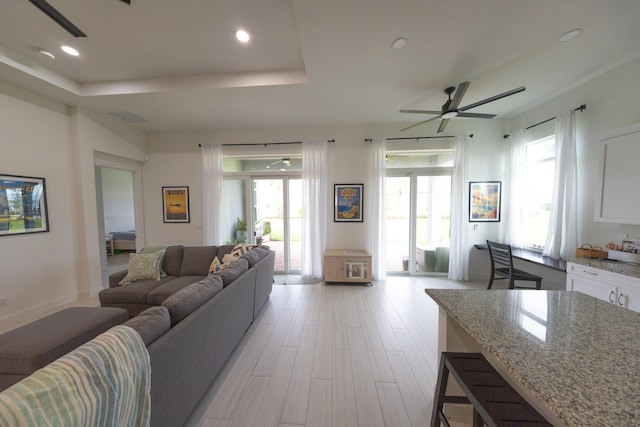 living room with light hardwood / wood-style floors, ceiling fan, a healthy amount of sunlight, and a tray ceiling