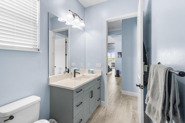 bathroom featuring toilet, vanity, and wood-type flooring