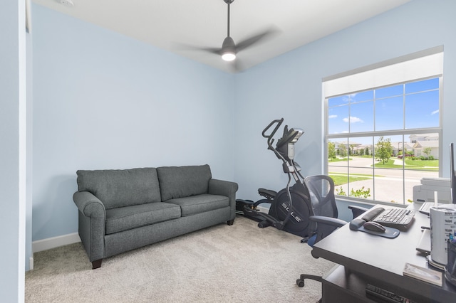 office area with light carpet and ceiling fan