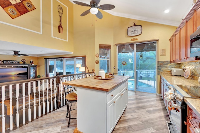 kitchen featuring wood counters, a healthy amount of sunlight, a kitchen island, and light hardwood / wood-style floors