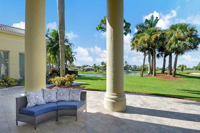 view of patio / terrace featuring a water view