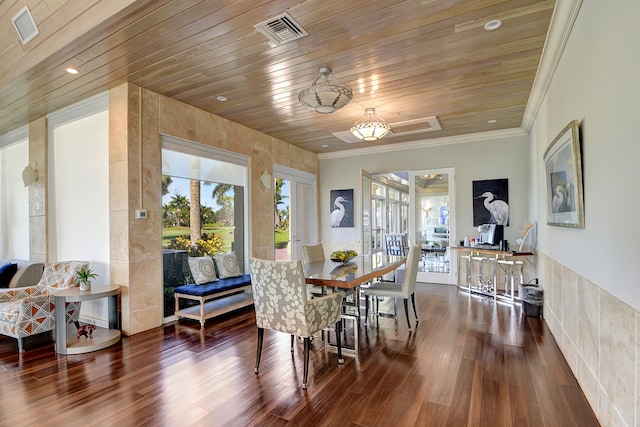 dining area with dark hardwood / wood-style floors, wooden ceiling, tile walls, and ornamental molding