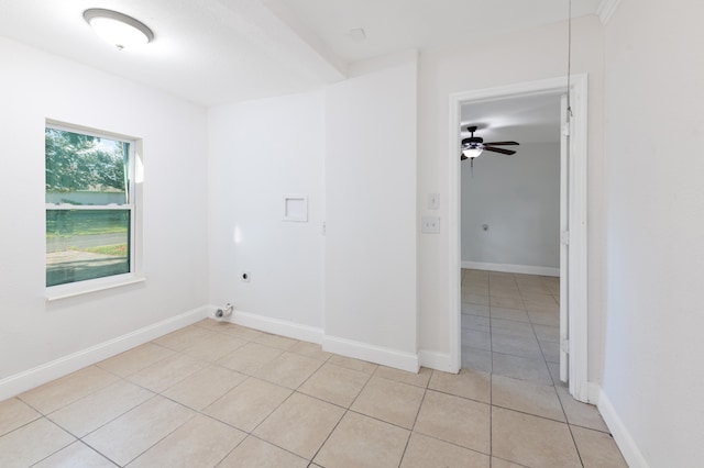 laundry room featuring ceiling fan, light tile patterned floors, and hookup for an electric dryer