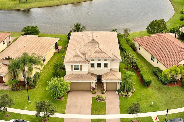 aerial view featuring a water view