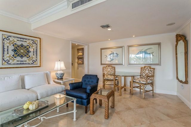 living room with crown molding