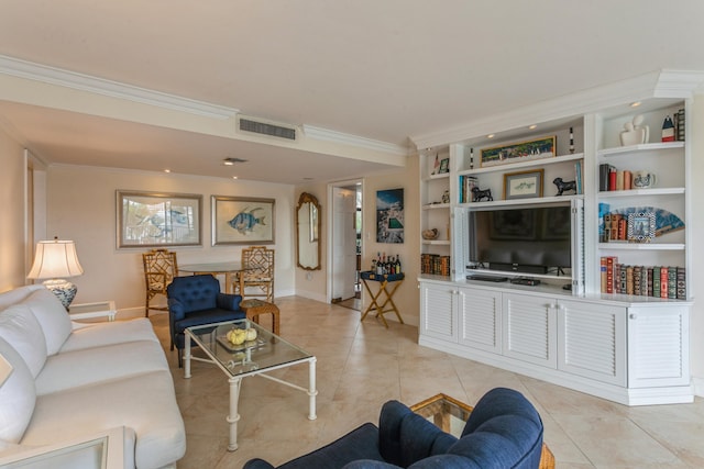 tiled living room with crown molding