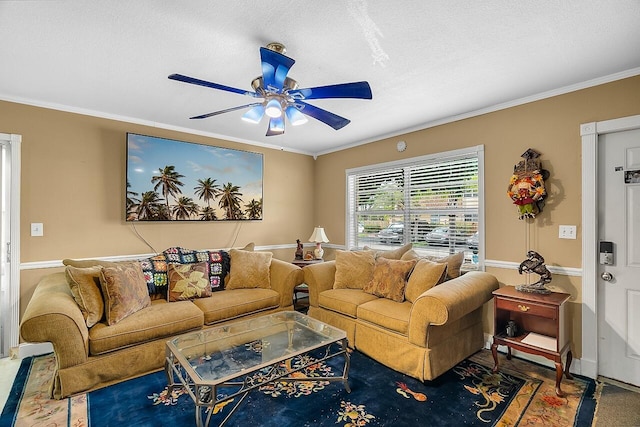 carpeted living room featuring a textured ceiling, ceiling fan, and crown molding