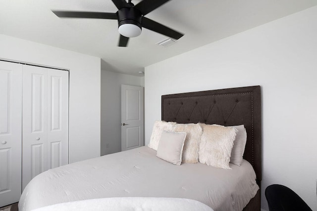 bedroom featuring ceiling fan and a closet