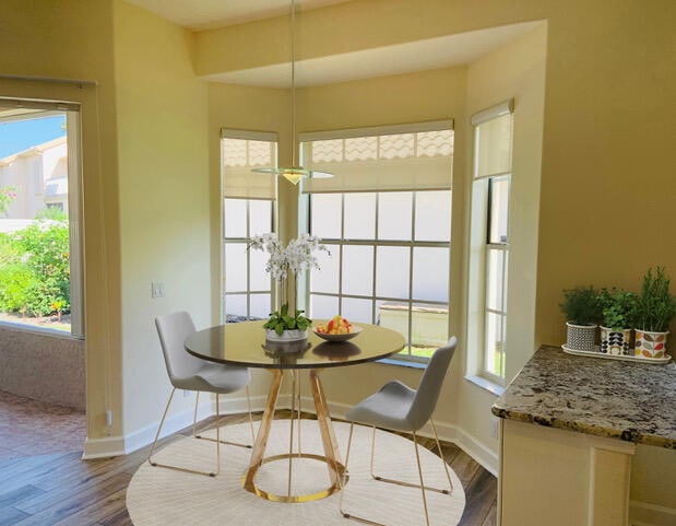 dining space featuring a wealth of natural light and wood-type flooring