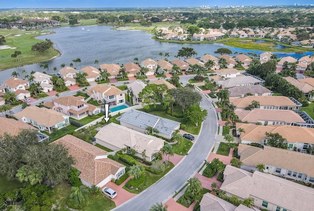 drone / aerial view featuring a water view