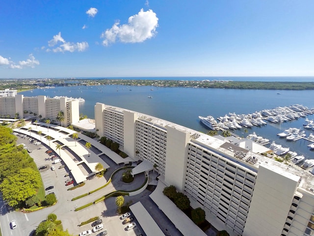 aerial view featuring a water view