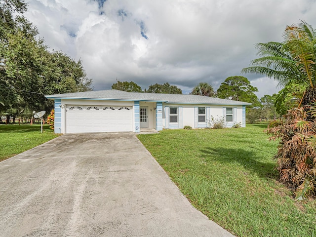 single story home featuring a garage and a front lawn