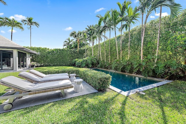 view of pool featuring a yard