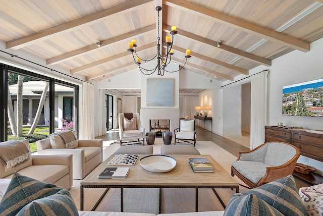 living room with beam ceiling, high vaulted ceiling, light hardwood / wood-style floors, and an inviting chandelier