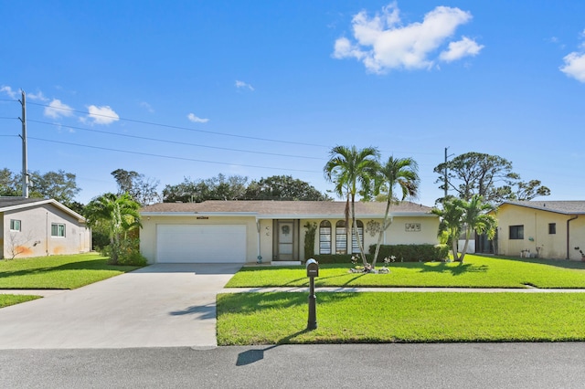 ranch-style house with a garage, stucco siding, concrete driveway, and a front lawn