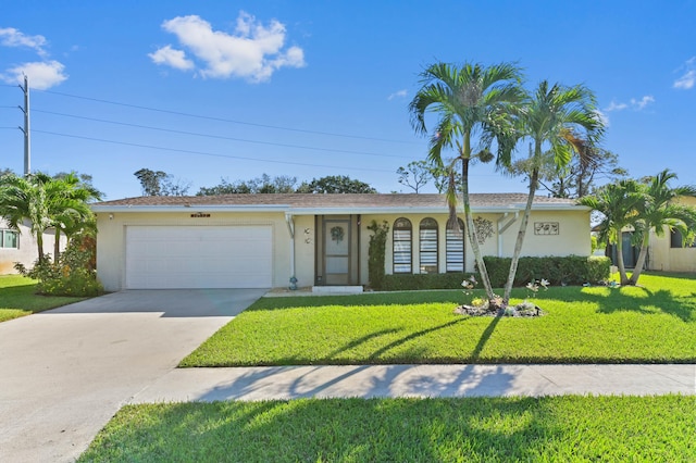 single story home with a garage and a front yard